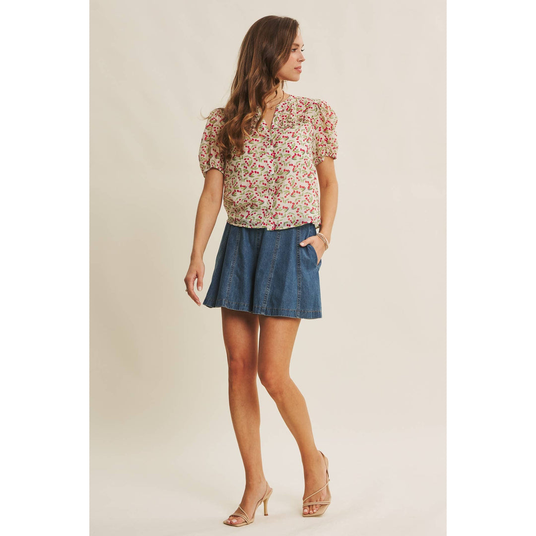 Cherry Puff Sleeve Button Down Blouse