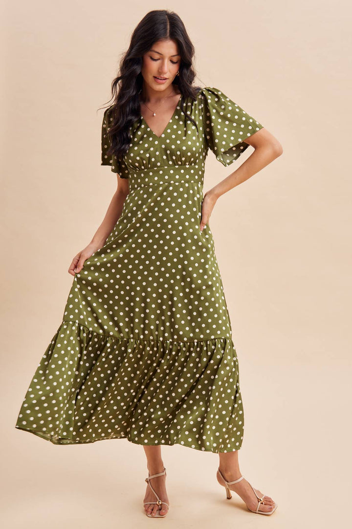 Polka Dot Flutter Sleeve Maxi Dress in Olive