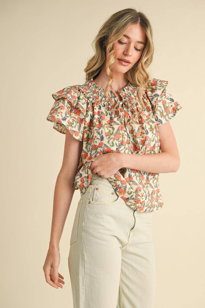 Floral Flutter Sleeve Smocked Top in Ivory