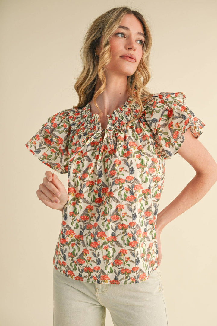Floral Flutter Sleeve Smocked Top in Ivory