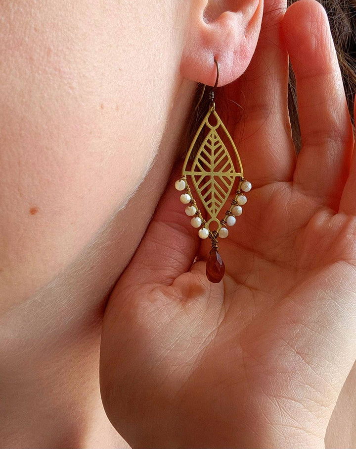 Sun Chaser Geometric Brass Earrings with Garnet