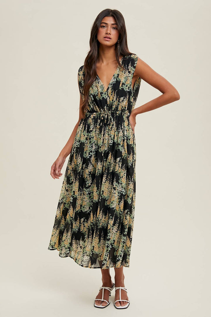 Floral Sleeveless Midi Dress in Black/Yellow