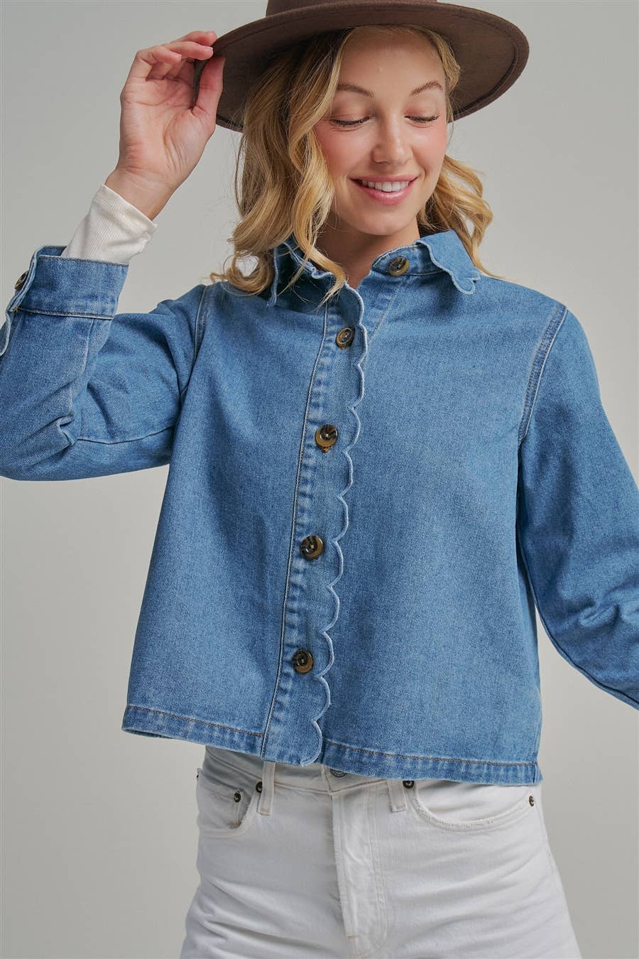 Denim Jacket With Scallop Embroidery Collar