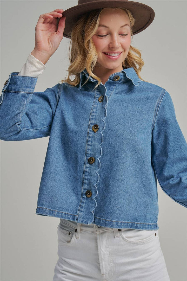Denim Jacket With Scallop Embroidery Collar
