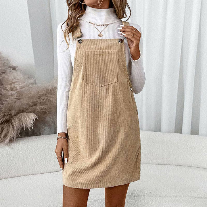 Corduroy Overall Dress with Pocket in Coffee