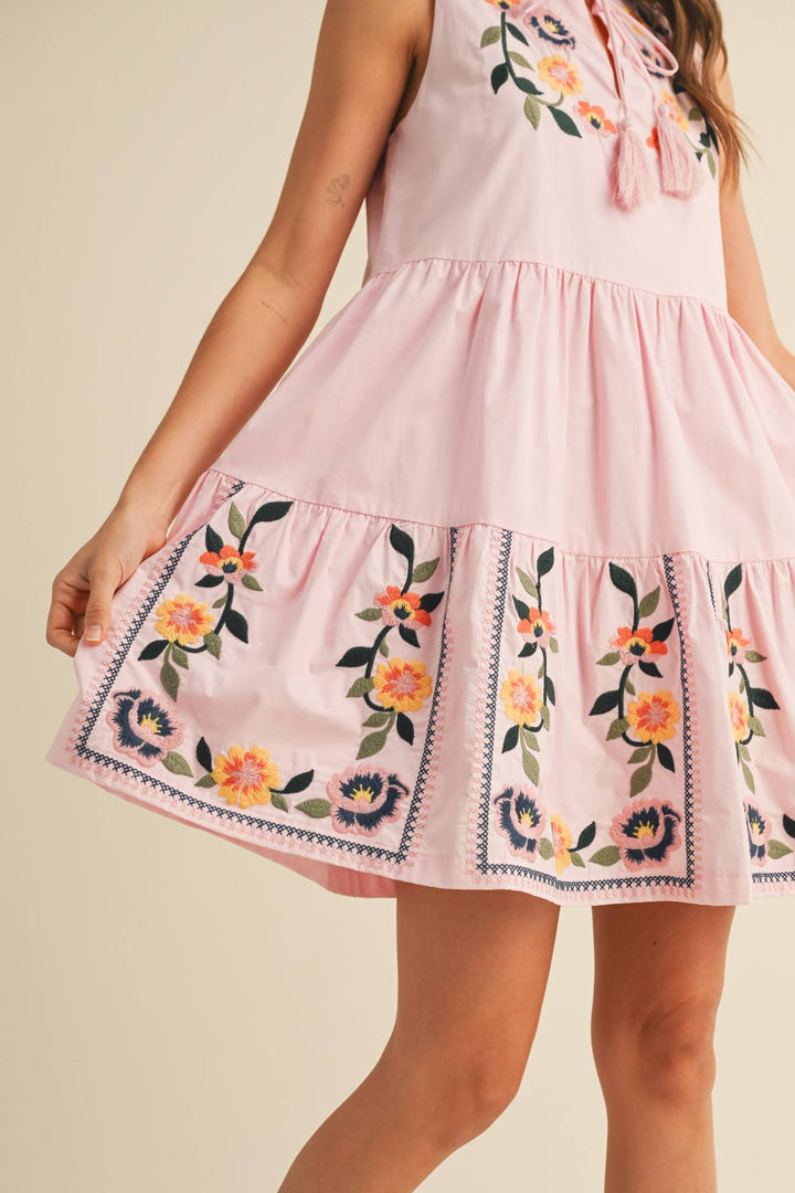 Pink Embroidered Mini Dress