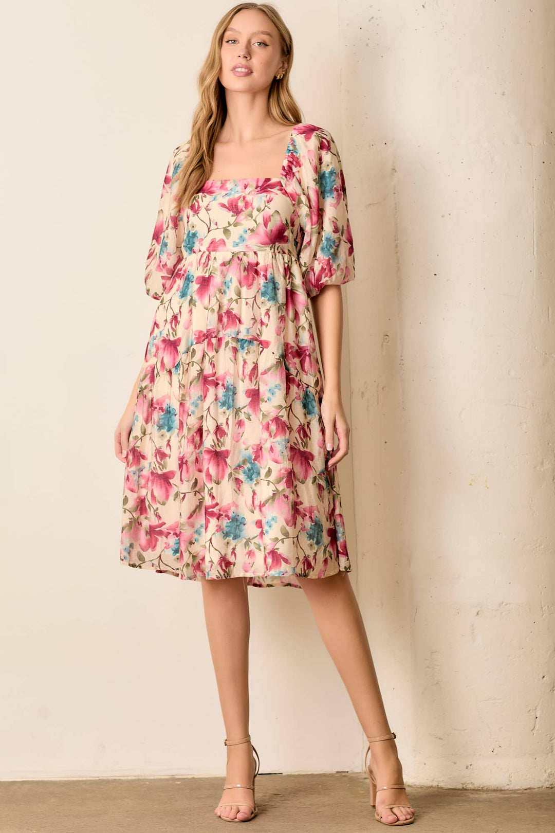 Magnolia Blossom Square Neck Midi Dress