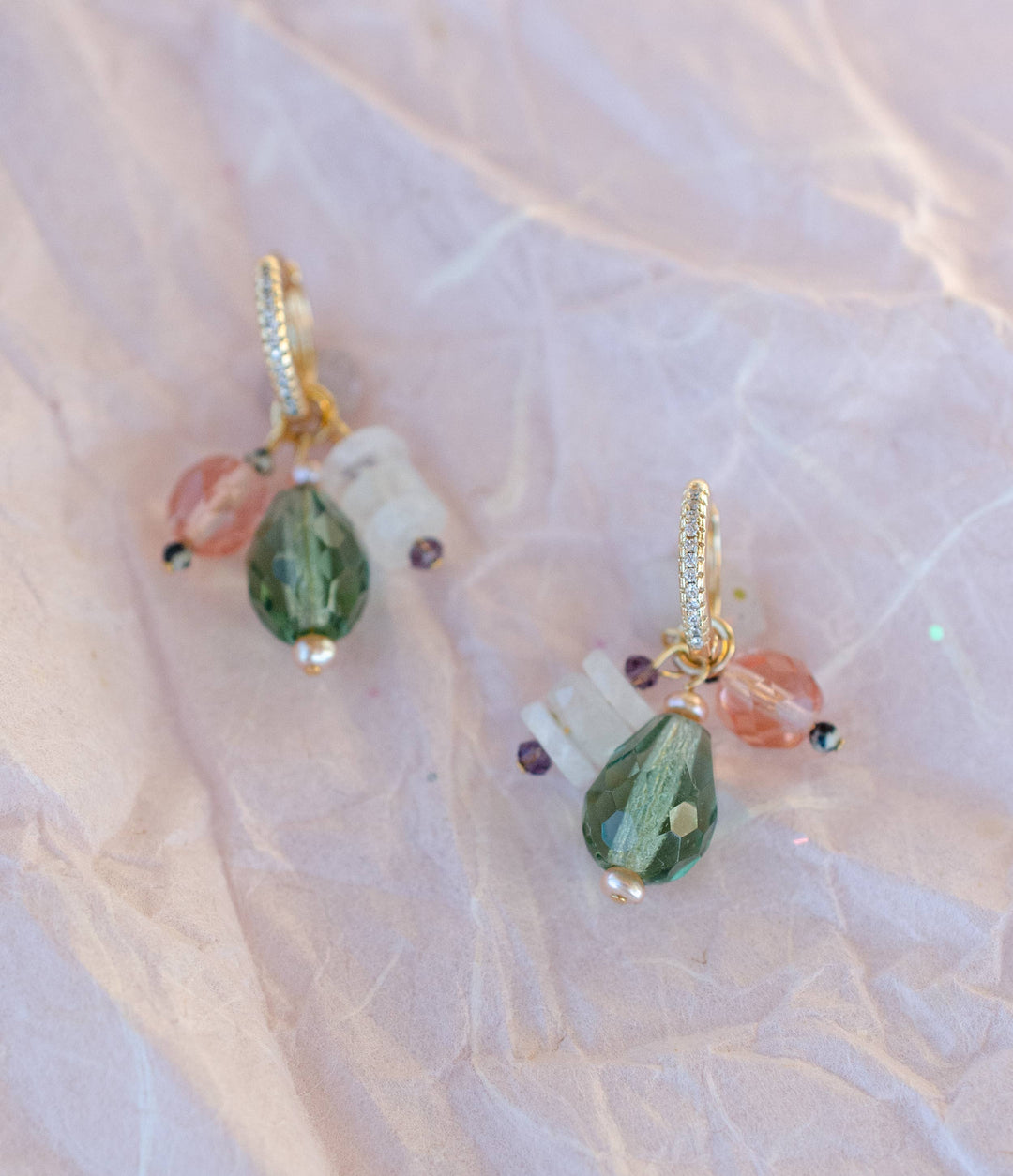 Isla Green &amp; Pink Moonstone Charm Hoops