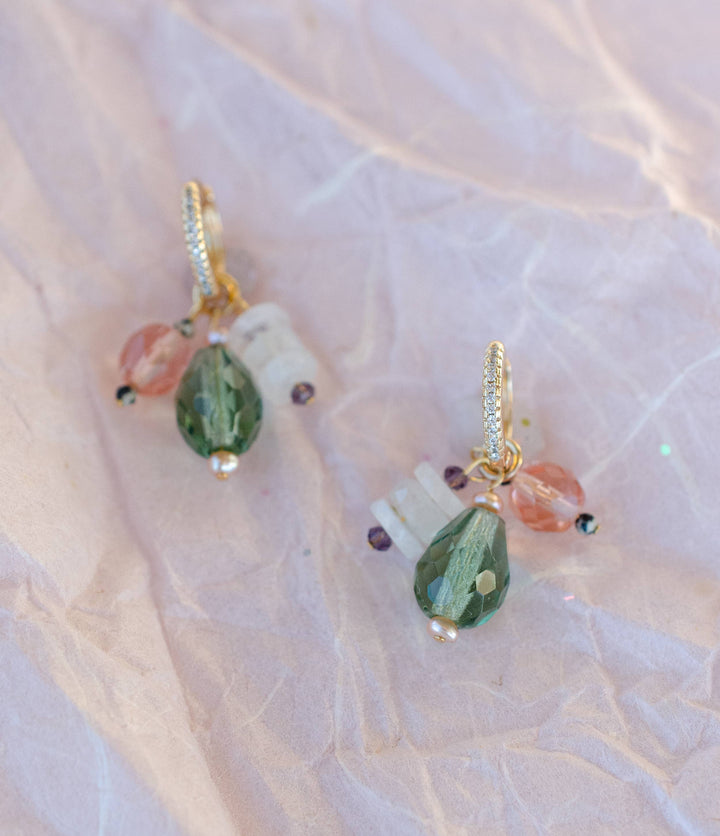 Isla Green &amp; Pink Moonstone Charm Hoops