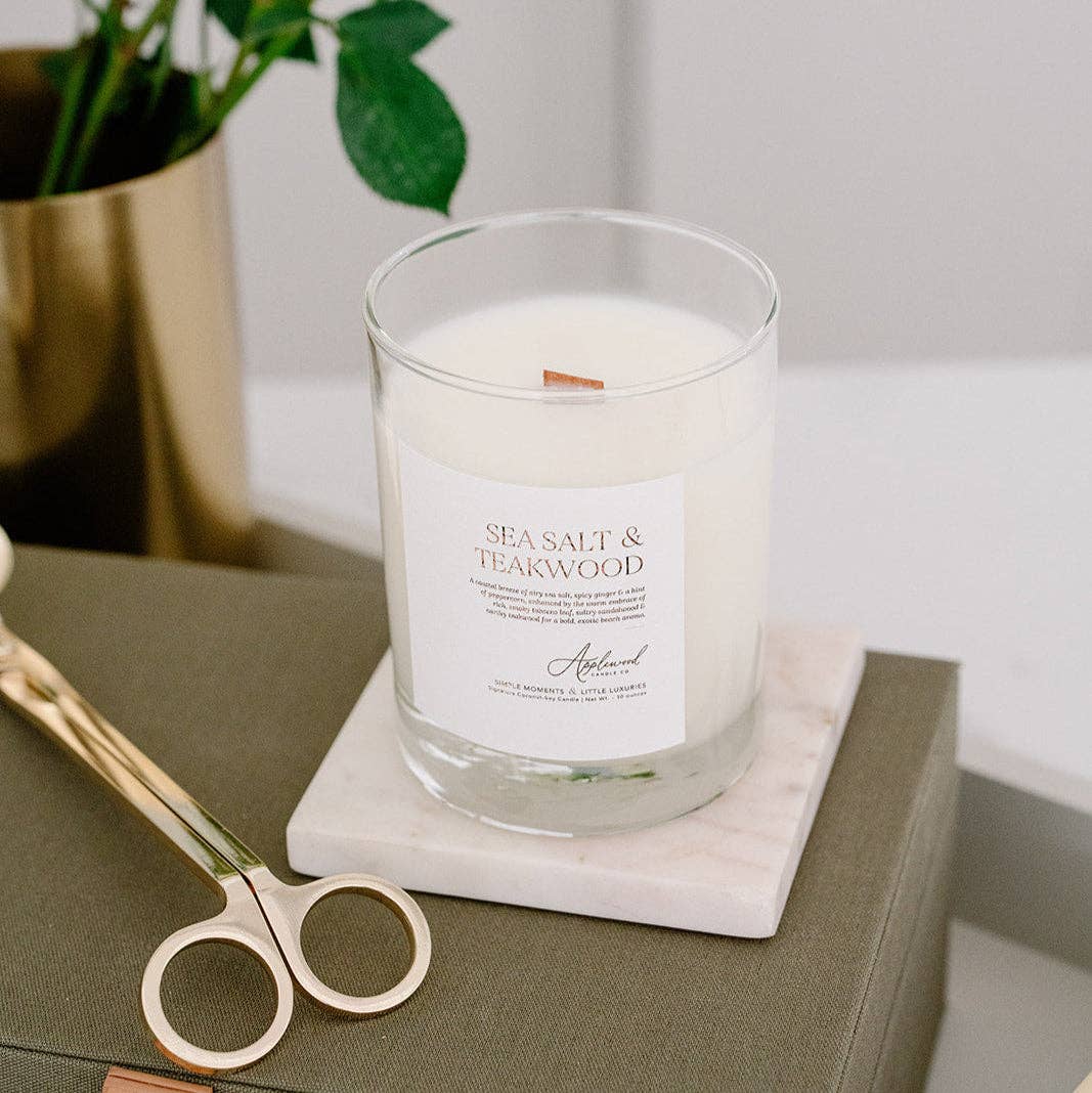 Sea Salt &amp; Teakwood Luxury Candle, Made in Michigan