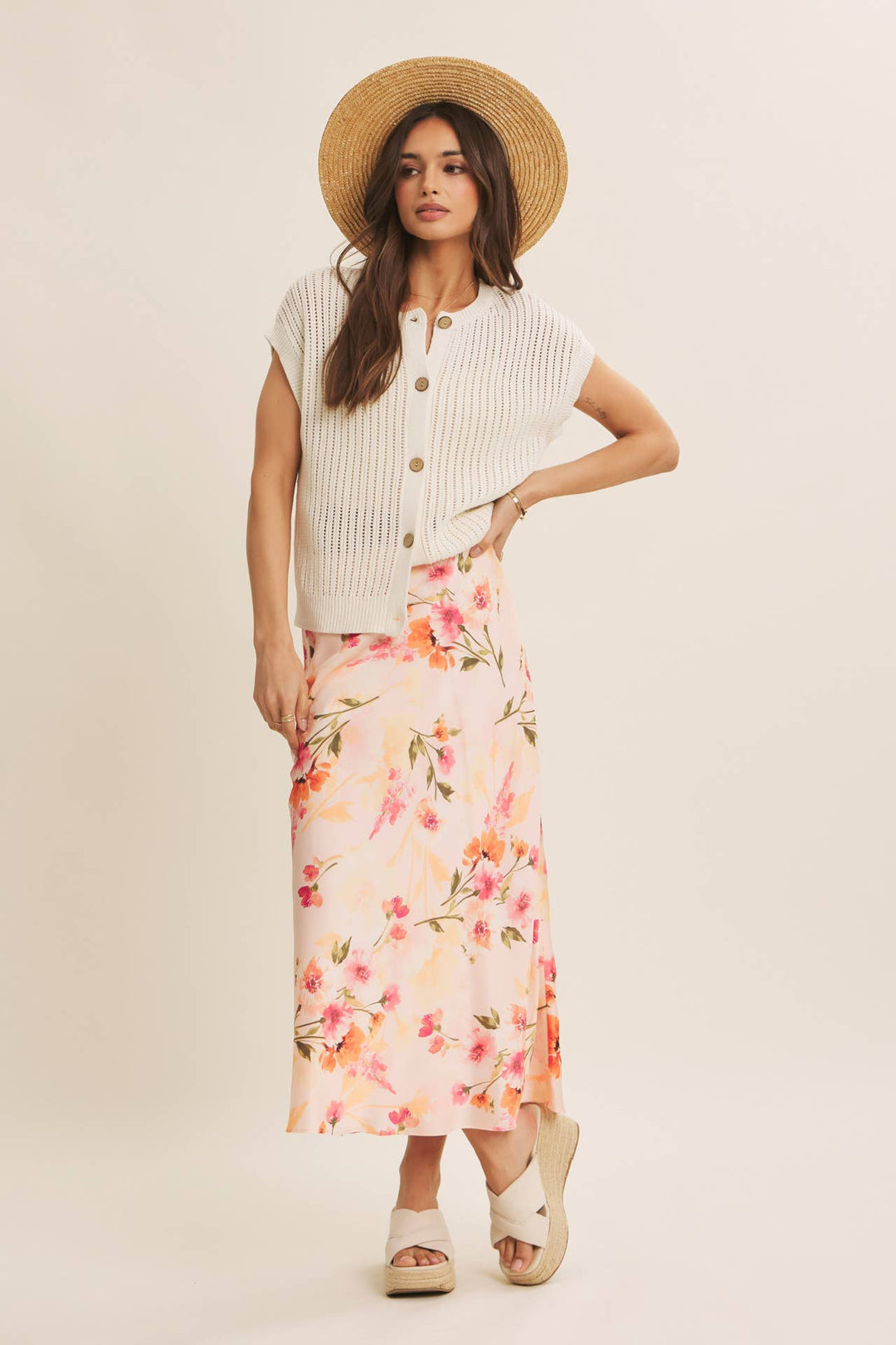 Floral Satin Bias Midi Skirt