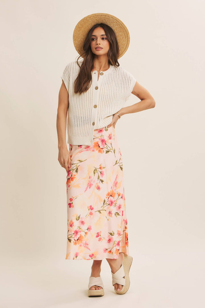 Floral Satin Bias Midi Skirt