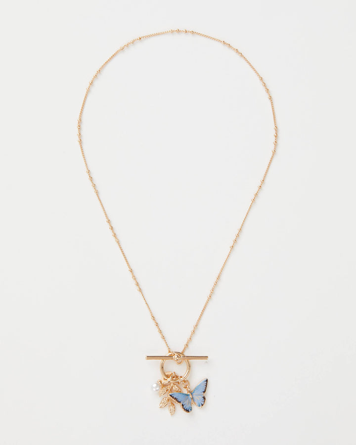 Blue Butterfly &amp; Leaf Charm Necklace