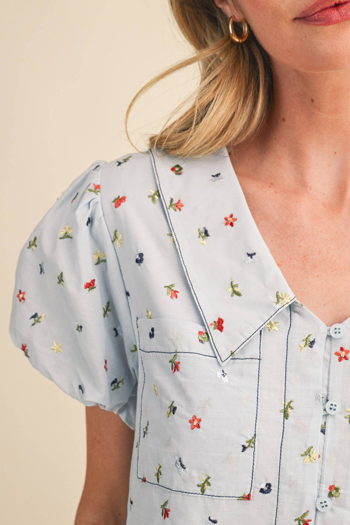 Embroidered Floral Bubble Sleeve Button Down in Baby Blue