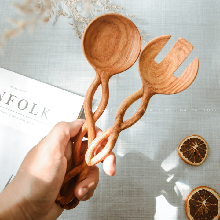 9" Twisted Handle Wooden Salad Server