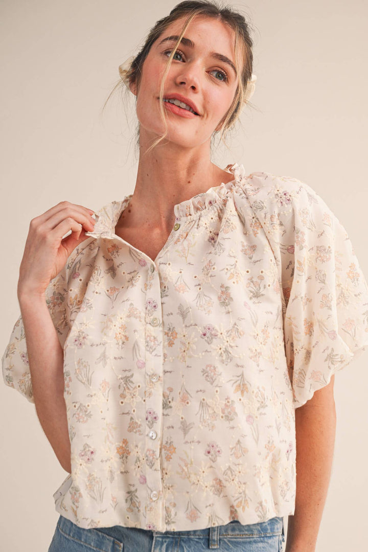 Ivory Floral Print Eyelet Bubble Top