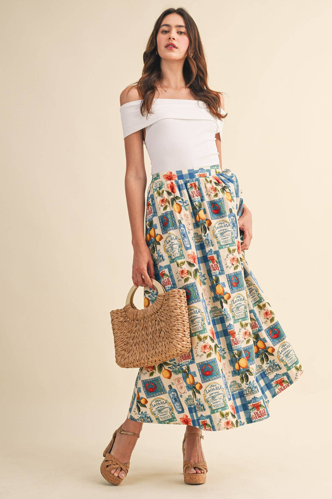 Vintage Print Midi Skirt