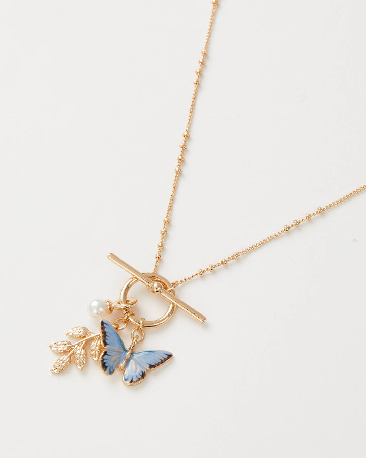 Blue Butterfly &amp; Leaf Charm Necklace