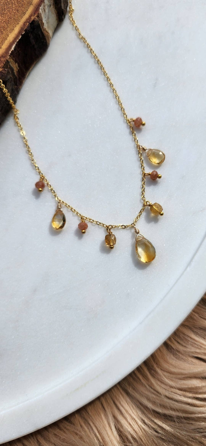 Citrine and Sunstone Gold Goddess Fringe Necklace