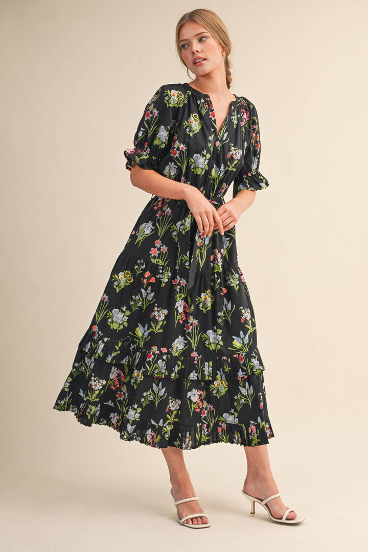 Floral Print Belted Midi Dress in Black