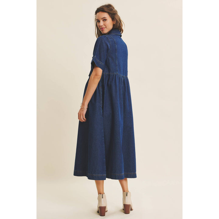 Dark Denim Washed Babydoll Midi Dress with Bow