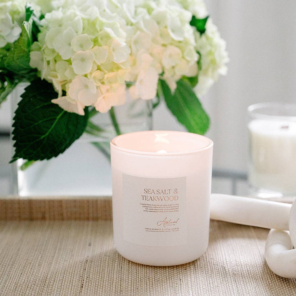 Sea Salt &amp; Teakwood Luxury Candle, Made in Michigan