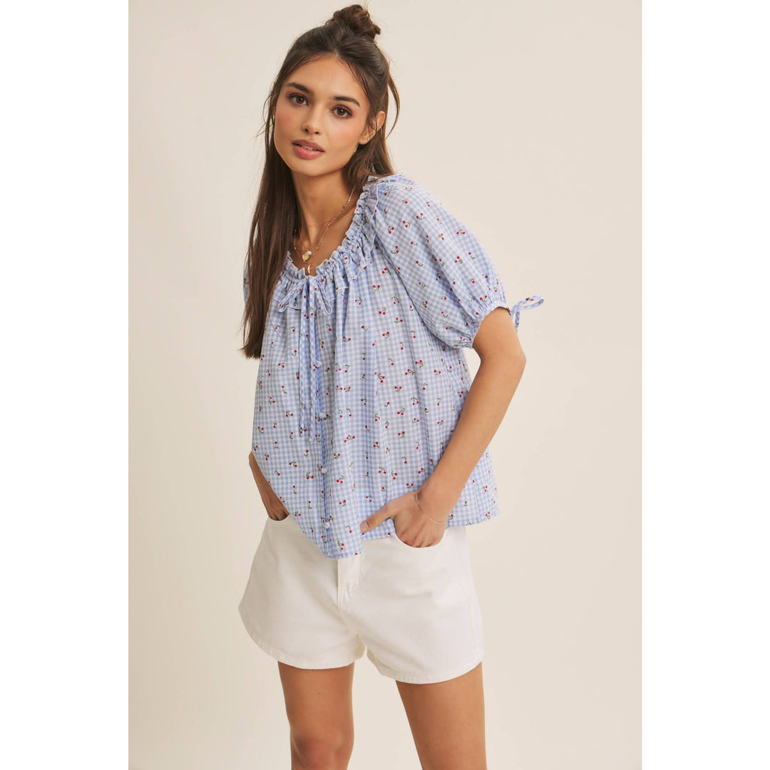 Summer Cherry Gingham Ruffled Blouse