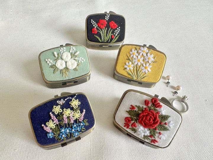 Floral Embroidered Rectangle Mini Jewelry Box With Mirror, 5 Styles