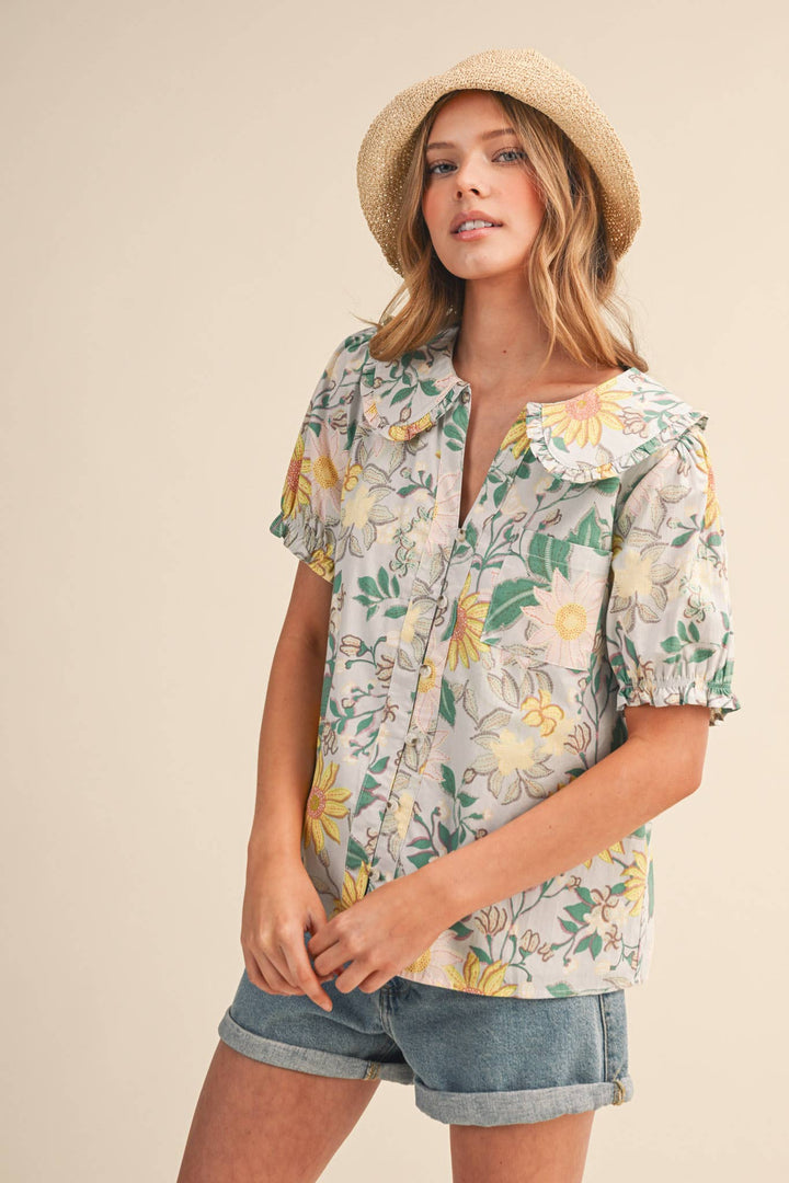 Floral Print Doll Collar Button Down in Mint Floral