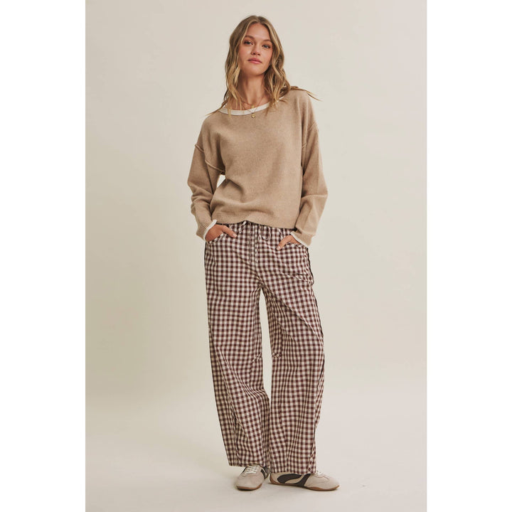 Relaxed Gingham Cotton Barrel Pants in Chocolate