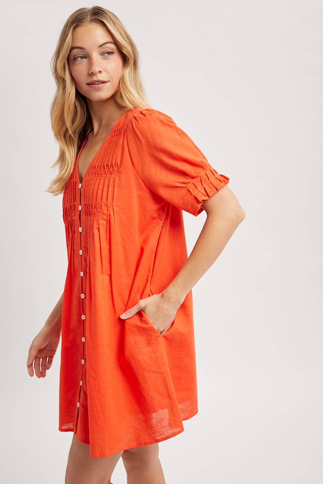 Pleated Button-Up Mini Dress