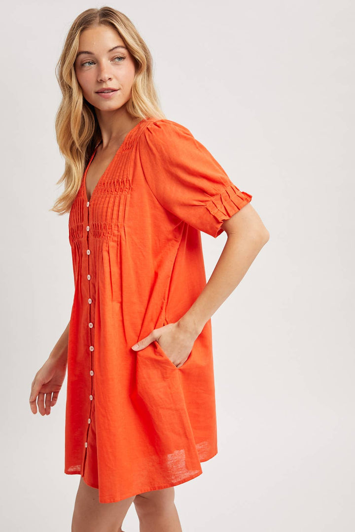 Pleated Button-Up Mini Dress