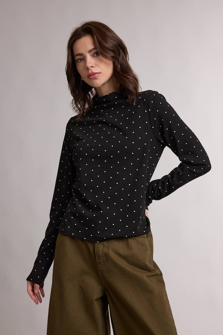 Long Sleeve Polka Dot Mock Neck Top