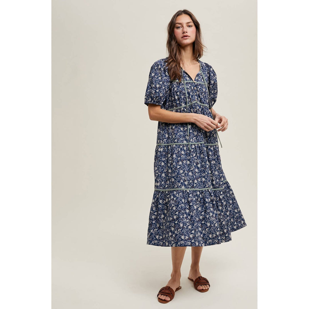 Navy Floral Piping Midi Dress