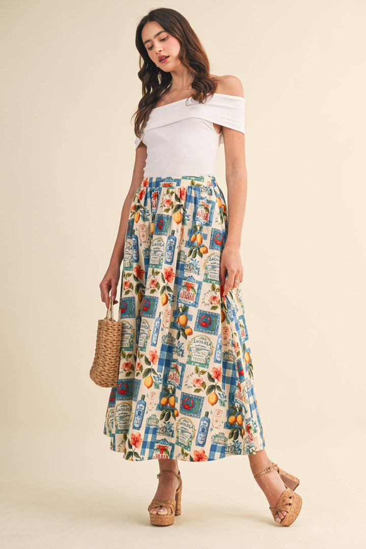 Vintage Print Midi Skirt