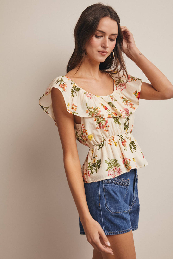 Floral Ruffle Neck Cotton Blouse