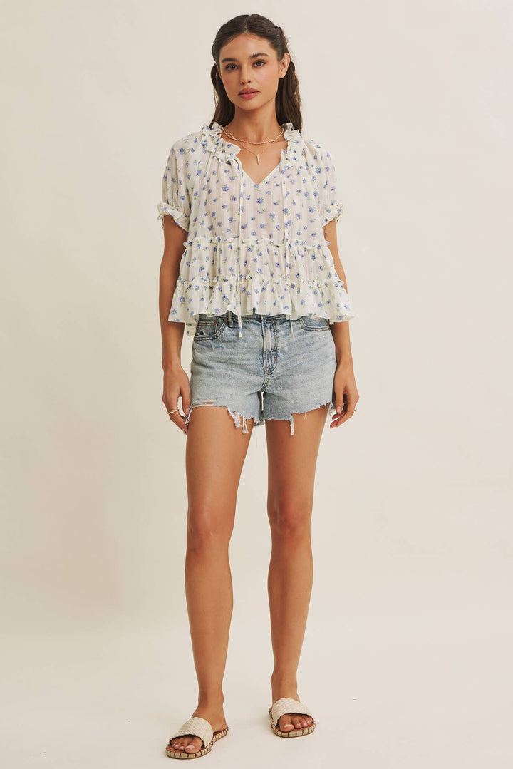Textured Floral Ruffle Blouse