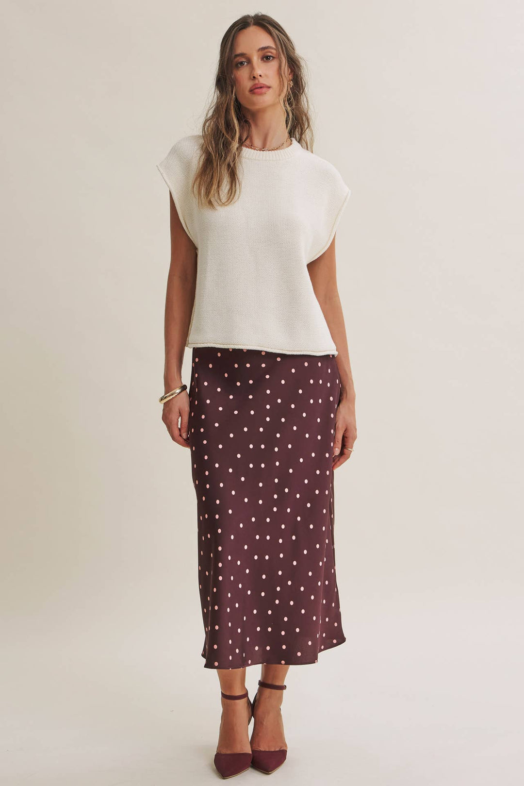 Satin Polka Dot Midi Skirt