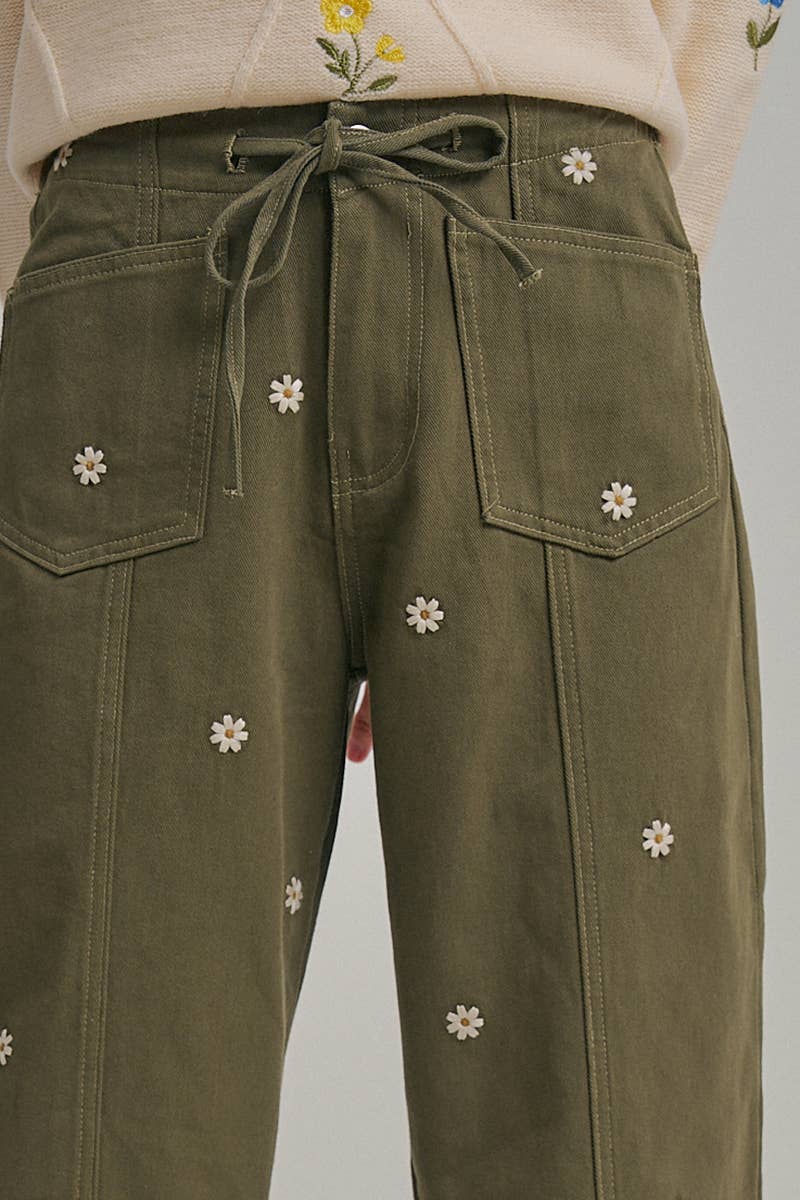 Floral Embroidered Slight Barrel Shaped Relaxed Pants