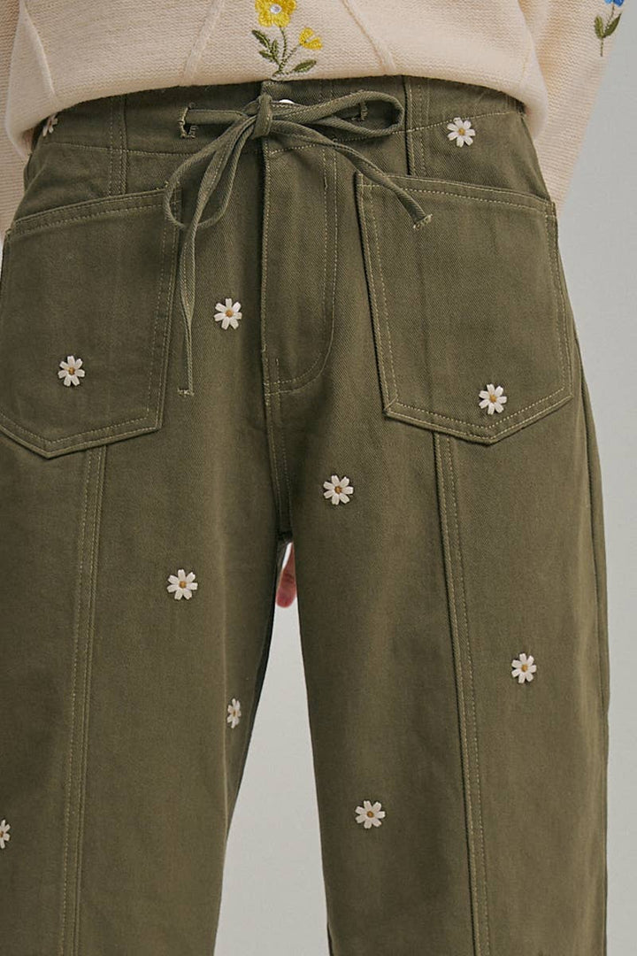 Floral Embroidered Slight Barrel Shaped Relaxed Pants