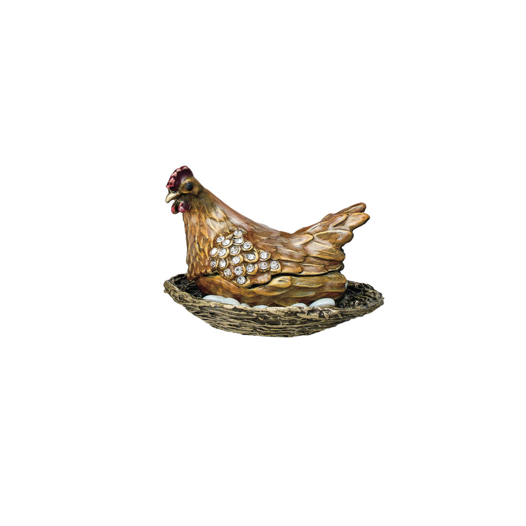 Enameled Metal Hen On Nest Shaped Trinket Box w/ Jewels