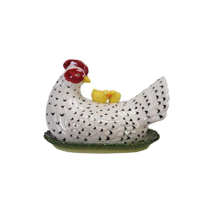 Hand-Painted Vintage Reproduction Hen Shaped Butter Dish with Chicks