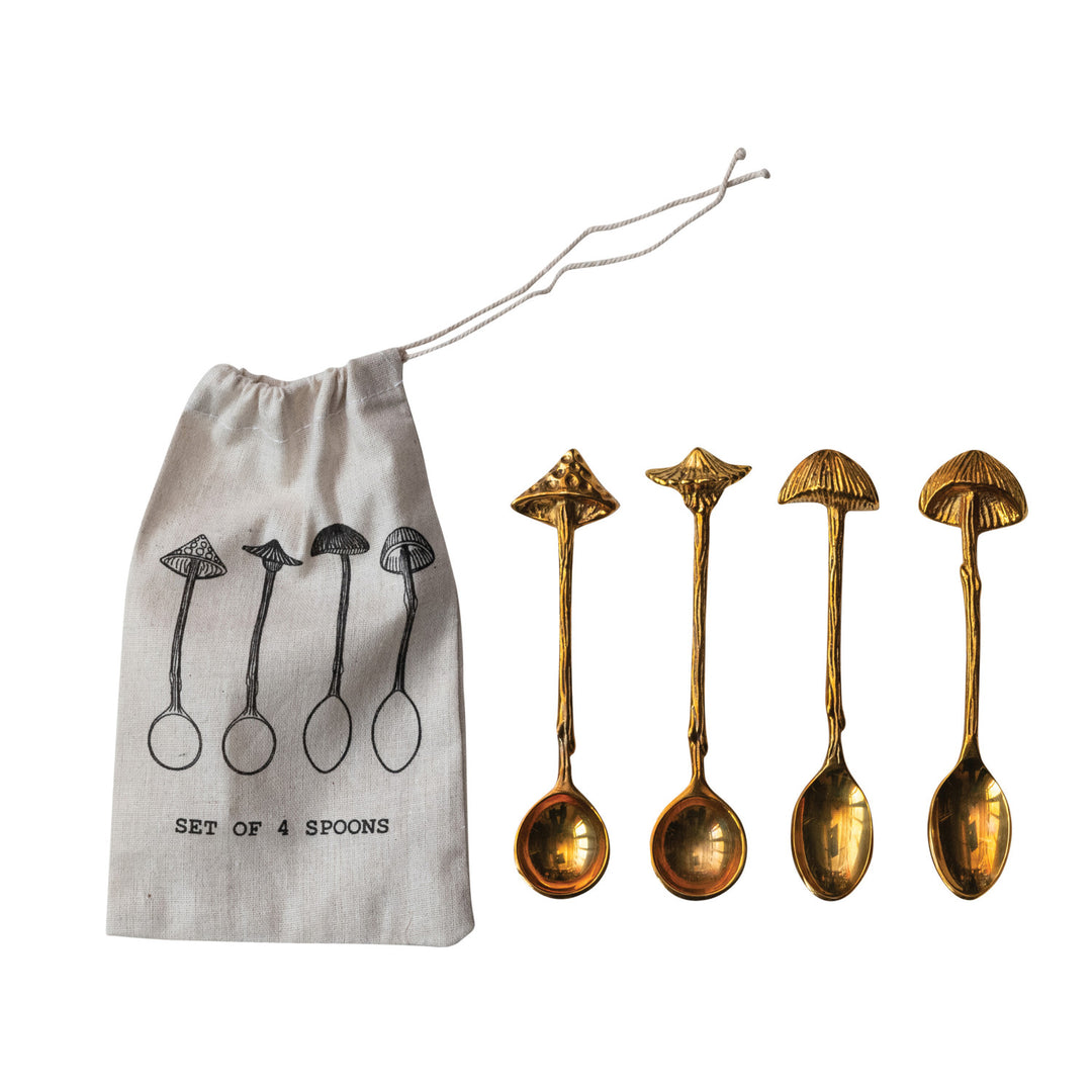 Brass Spoons with Mushroom Handles, Set of 4 in Drawstring Bag
