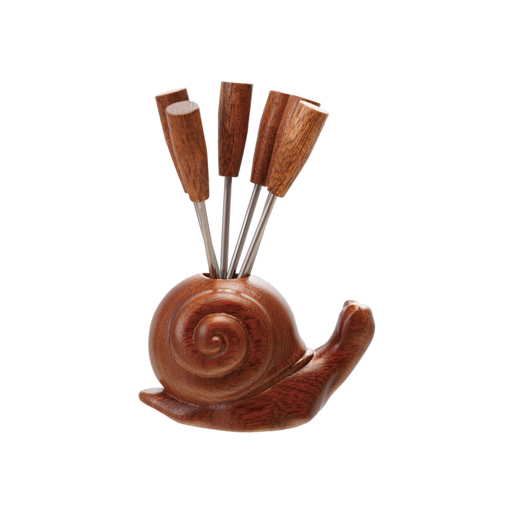 Wood Snail Shaped Holder with 6 Appetizer Picks, Set of 7