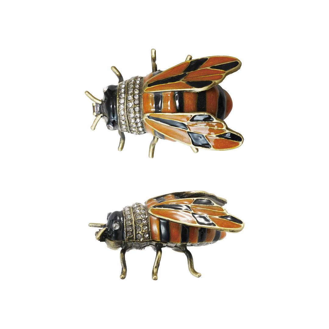 Enameled Metal Bee Shaped Trinket Box w/ Jewels, Gold Finish, Orange Color &amp; Black