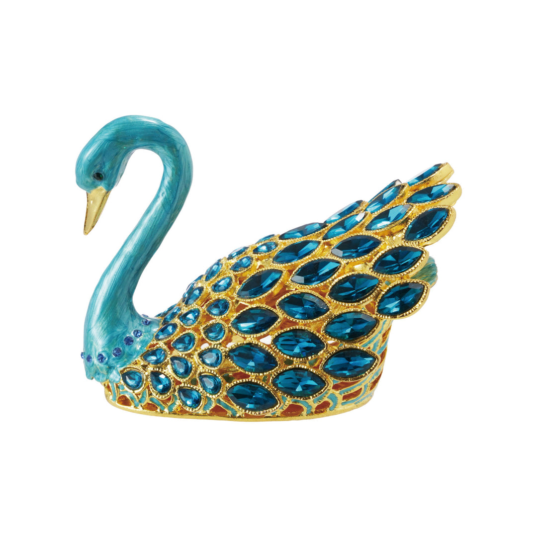 Enameled Metal Swan Shaped Trinket Box w/ Jewels, Gold Finish & Blue