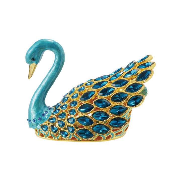 Enameled Metal Swan Shaped Trinket Box w/ Jewels, Gold Finish & Blue
