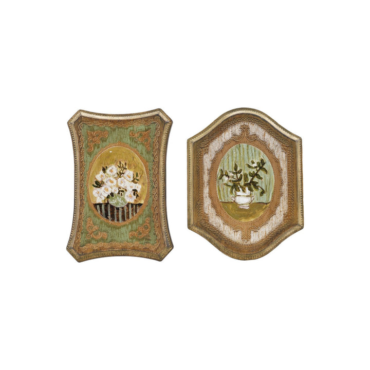 MDF Wall Décor w/ Flowers in Vase, Antique Gold Finish &amp; Multi Color, 2 Styles ©