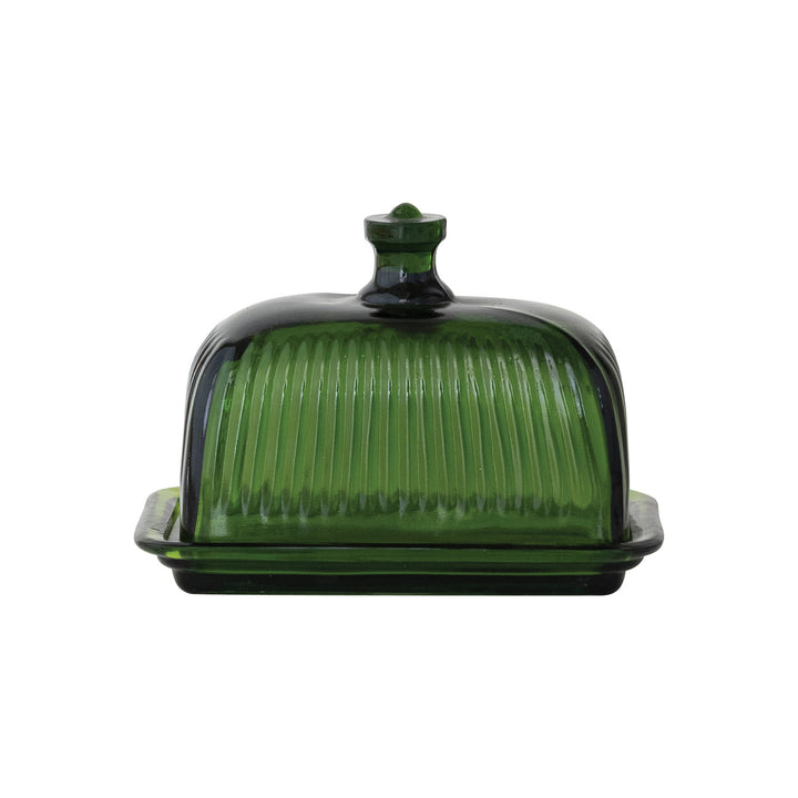 6-1/2"L x 4"W x 4-3/4"H Pressed Ribbed Glass Butter Dish, Green