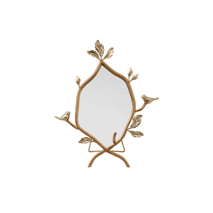 MDF & Metal Twig Framed Standing Mirror with Birds & Leaves, Gold Finish